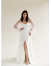 Strapless Ivory Satin Wedding Dress With Detachable Lace Sleeves